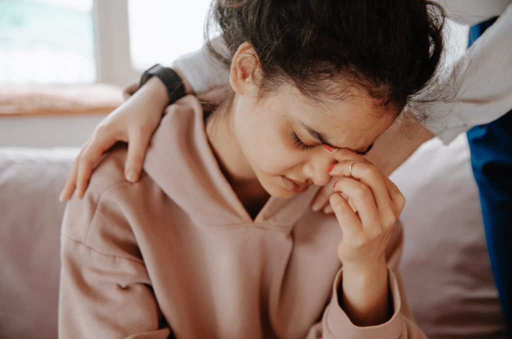 distressed woman thinking through emotions