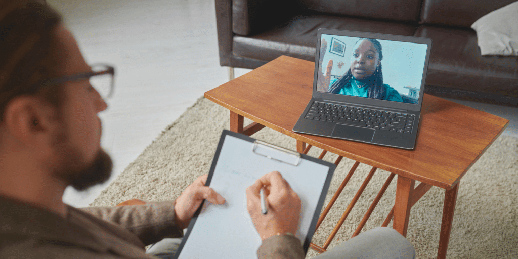 teletherapy call between a therapist and their client, both in their own home