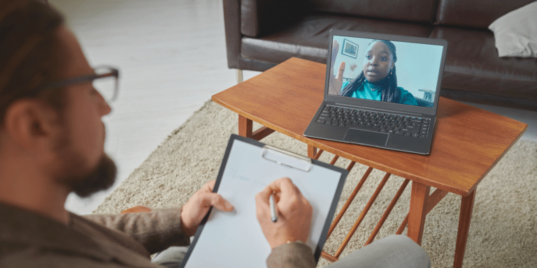 teletherapy call between a therapist and their client, both in their own home