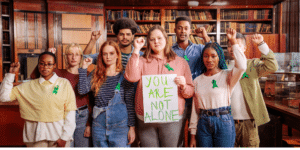 group of teenagers standing together with their fists up in the air, holding a sign that says, "you are not alone"