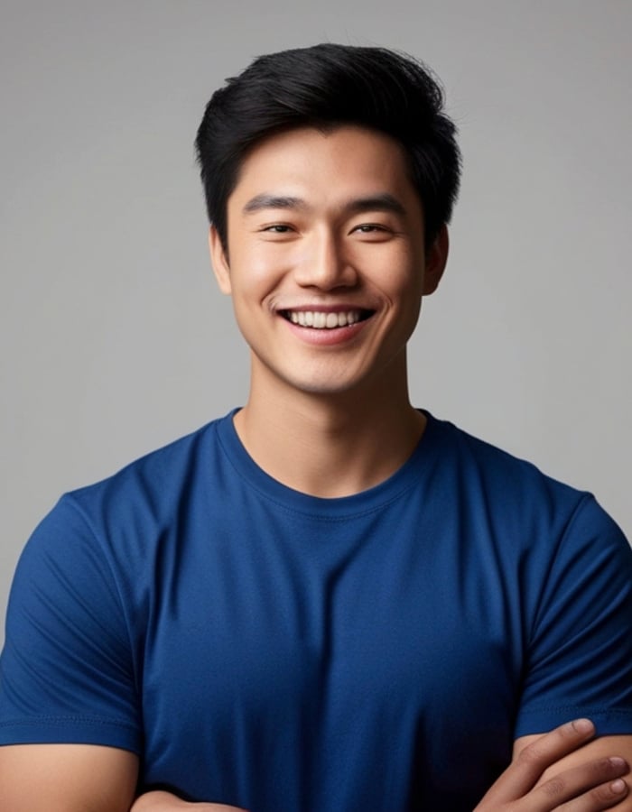 Smiling young Asian man with arms crossed, representing confidence and personal growth in therapy